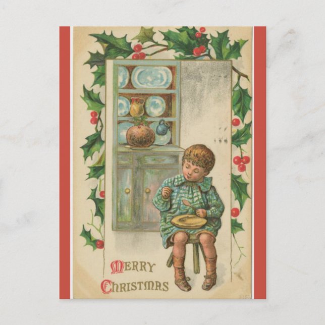 Carte Postale Vintage Garçon Manger Plum Pudding Noël (Devant)