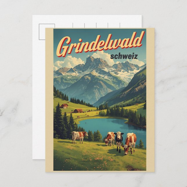 Carte Postale Vintage Grindelwald Village Switzerland natur gift (Devant / Derrière)