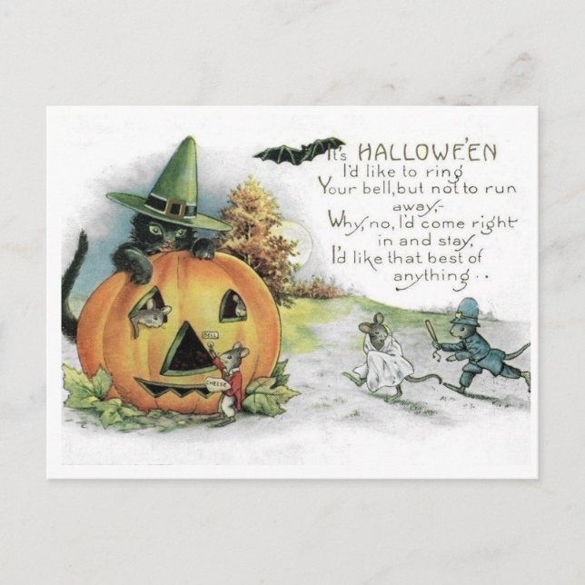 Carte postale vintage Halloween chat noir souris (Devant)
