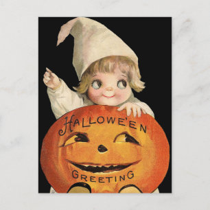 Carte postale vintage Halloween Citrouille et enfa