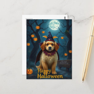Carte Postale Vintage Halloween Cute Pup avec Lanterne Citrouill