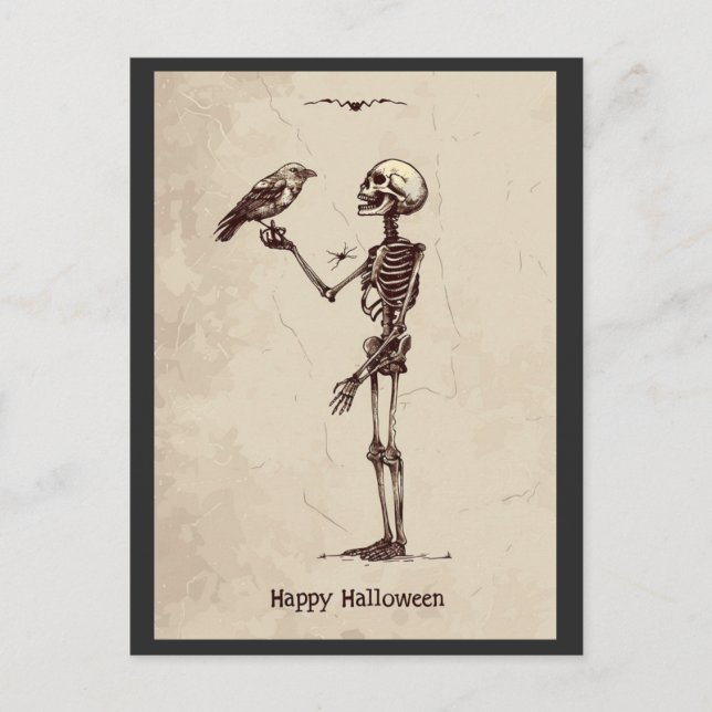 Carte Postale Vintage Halloween Déplaisant Skeleton Bird (Devant)