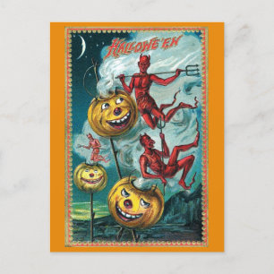 Carte Postale Vintage Halloween Éffrayant Devil Citrouille