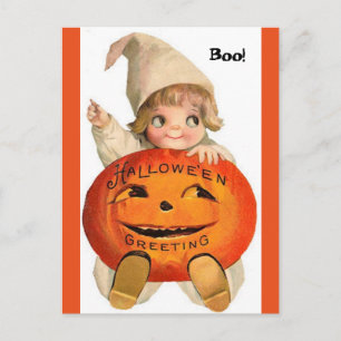 Carte postale vintage Halloween enfant et citrouil