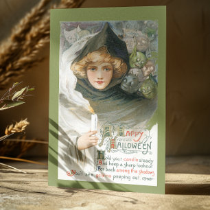 Carte postale vintage Halloween femme avec crânes