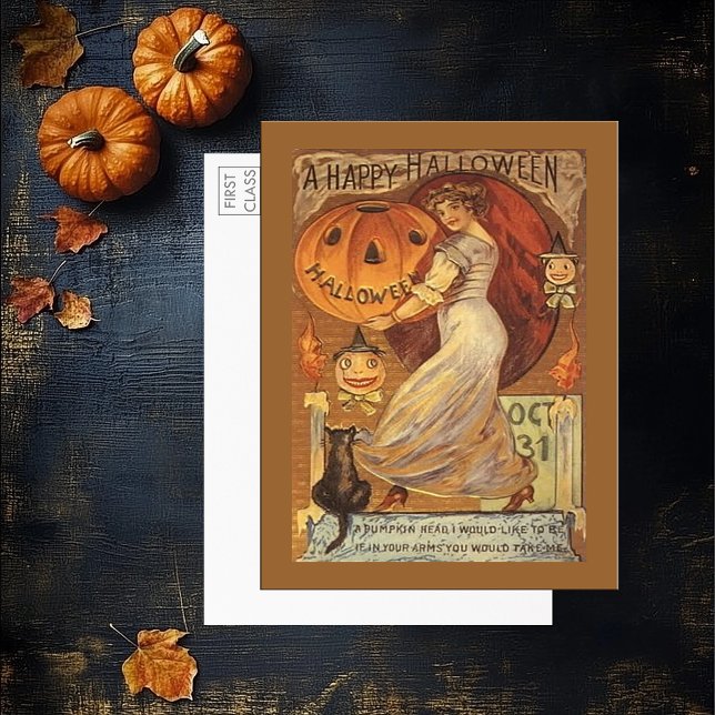 Carte Postale Vintage Halloween Femme Citrouille Chat noir (Vintage Halloween Woman Pumpkin Black Cat Postcard)