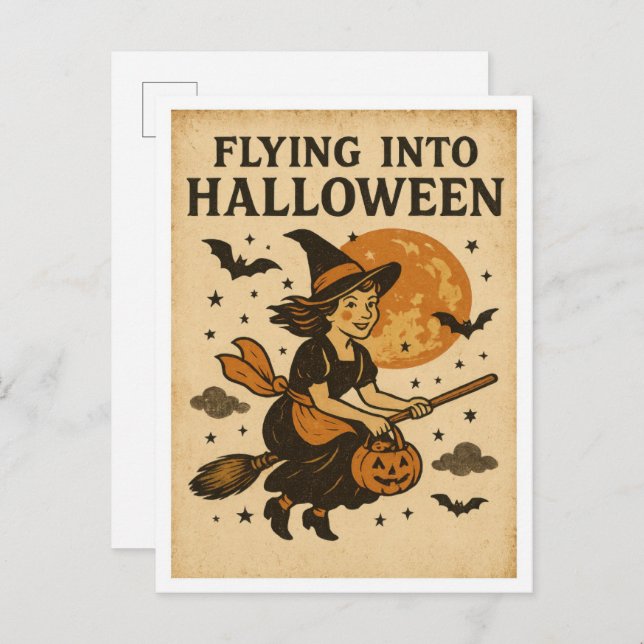 Carte Postale Vintage Halloween Flying (Devant / Derrière)