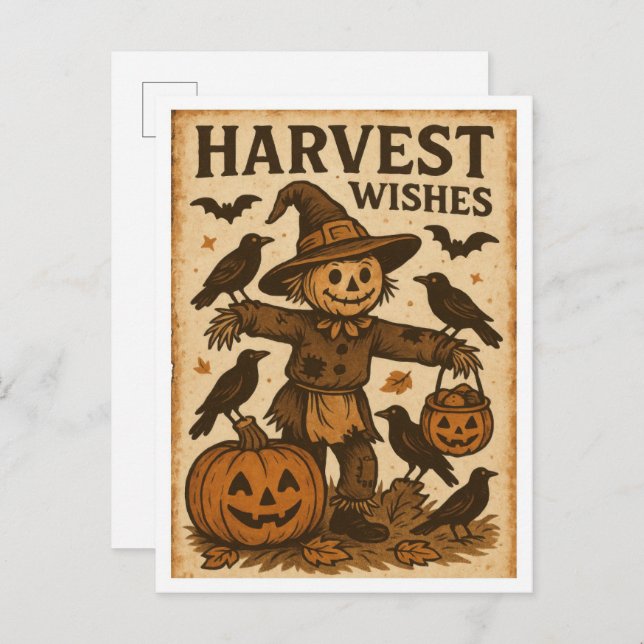 Carte Postale Vintage Halloween Harvest Wishes (Devant / Derrière)