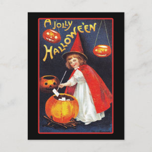 Carte Postale Vintage Halloween jolie sorcière Citrouille