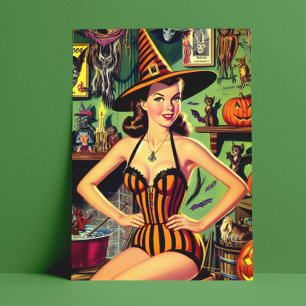 Carte Postale Vintage Halloween mignonne sorcière Pinup