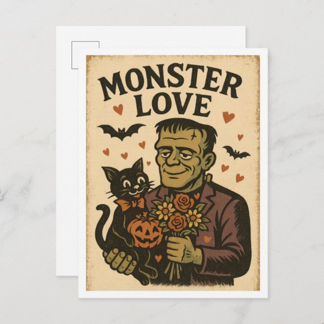 Carte Postale Vintage Halloween Monster Love (Devant / Derrière)