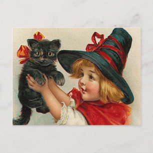 Carte Postale Vintage Halloween petite sorcière tenant un chat n