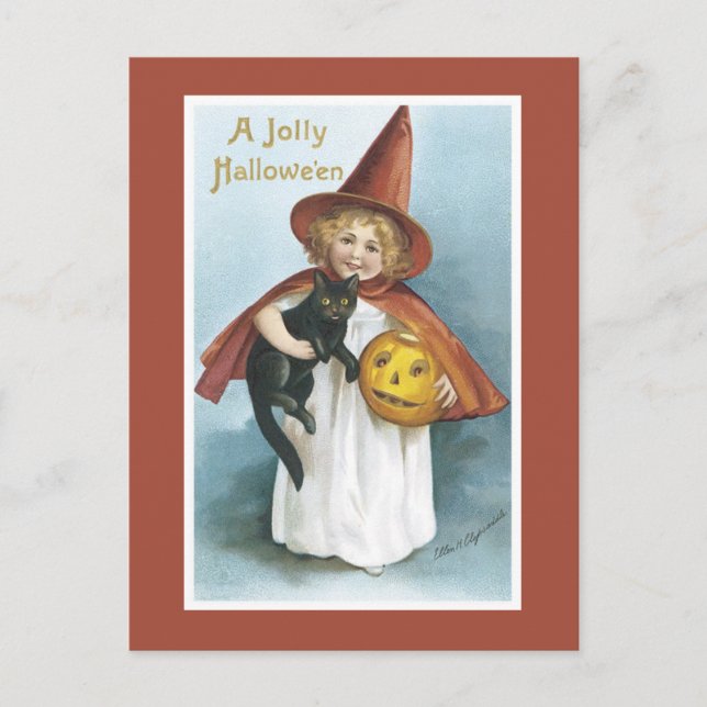 Carte postale vintage Halloween sorcière chat noir (Devant)
