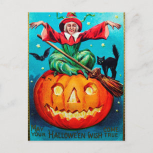 Carte postale vintage Halloween sorcière citrouill