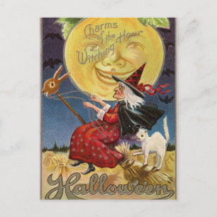 Carte postale vintage Halloween sorcière lune