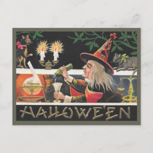 Carte Postale Vintage Halloween sorcière mélange potion magique