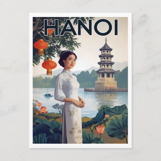 Carte Postale Vintage Hanoi Vietnam Ao Dai Lake (Devant)