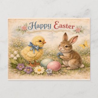 Carte Postale Vintage Happy Easter Bunny and Chick