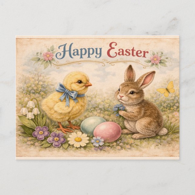 Carte Postale Vintage Happy Easter Bunny and Chick  (Devant)