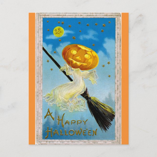Carte Postale Vintage Happy Halloween Citrouille sorcière (Devant)