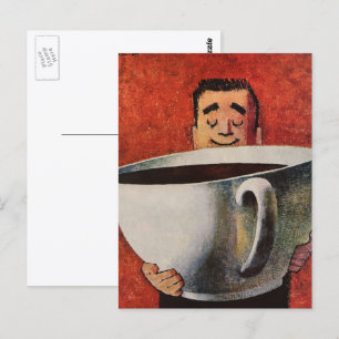 Carte Postale Vintage Happy Man Boire la Coupe Géante de Café
