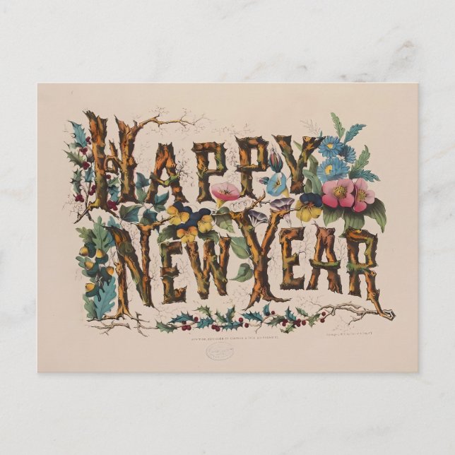 Carte Postale Vintage "Happy New Year" Botanical Lettering (Devant)