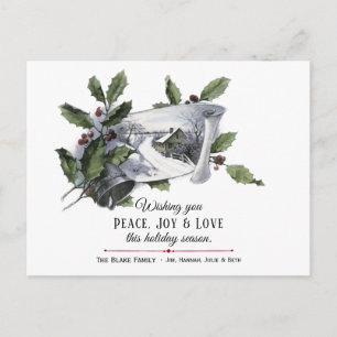 Carte Postale Vintage Holly, cloche d'argent et scène d'hiver