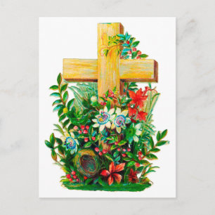 Carte Postale Vintage Holly Cross dans un jardin fleuri
