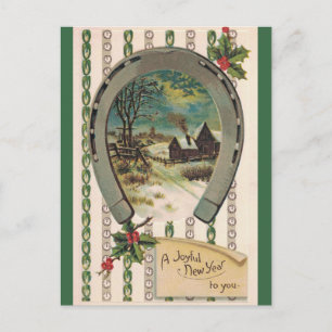 Carte Postale Vintage Horseshoe Holly Hiver Scène Nouvel An