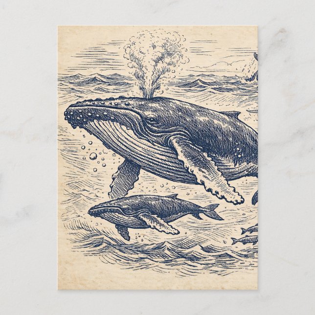Carte Postale Vintage Humpback Whale Pod Engraving (Devant)