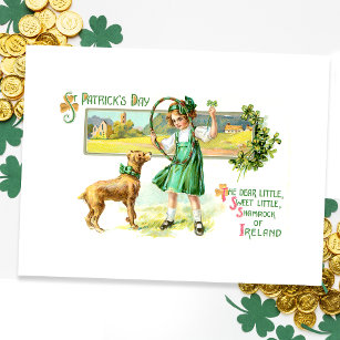 Carte Postale Vintage irlandais Lass, Shamrocks et chien