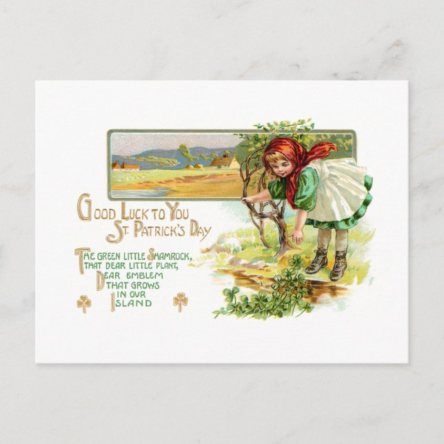 Carte Postale Vintage irlandaise fille avec Shamrock (Devant)