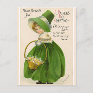 Carte Postale Vintage irlandaise fille en Casquette vert et mant