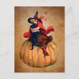 Carte Postale vintage joli halloween sorcière et chat