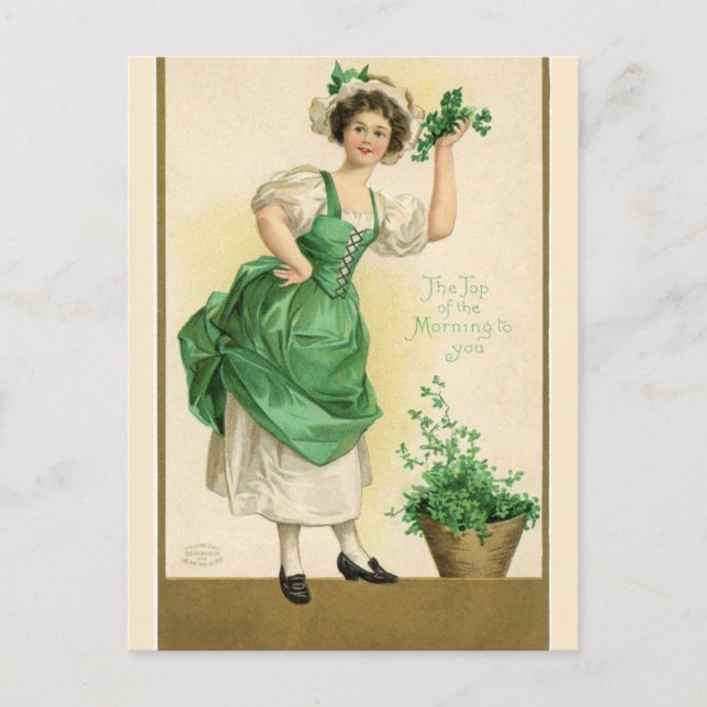 Carte Postale Vintage Jolie Dame Irlandaise Avec Shamrocks (Devant)