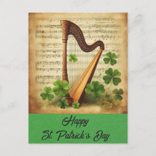 Carte Postale Vintage Jour de la Saint Patrick Harp Shamrock mus