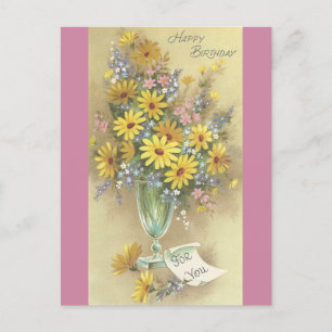 Carte Postale Vintage Joyeux Anniversaire Avec Fleurs Dans Vase