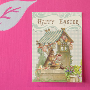 Carte Postale Vintage Joyeux Bunny House de Pâques Printemps