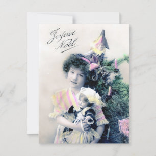 Carte Postale Vintage Joyeux Noël avec fille et poupée