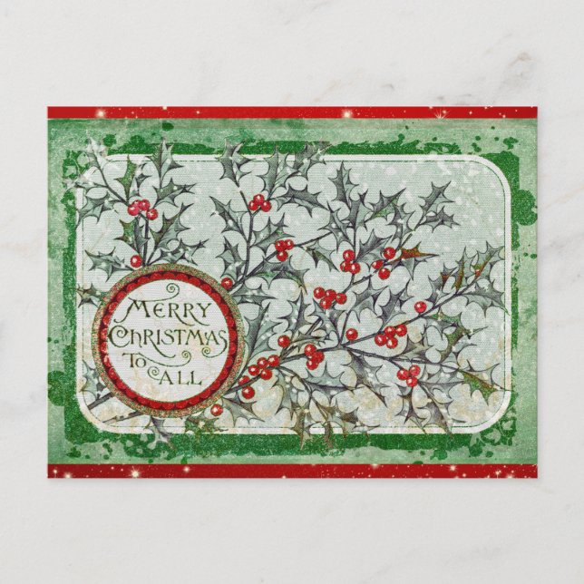 Carte Postale Vintage Joyeux Noël Vert Rouge Holly (Devant)