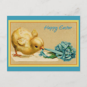 Carte Postale Vintage Joyeux poussin de Pâques avec fleurs bleue