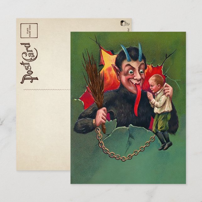 Carte postale vintage Krampus avec enfant (Devant / Derrière)