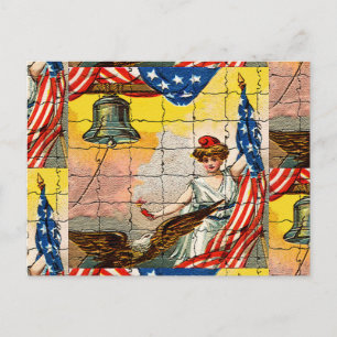 Carte Postale Vintage Lady, Aigle, Drapeau et Liberty Bell mosaï
