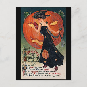 Carte Postale Vintage Lady et Jack olantern Lune Halloween