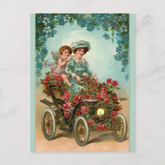 Carte Postale Vintage Lady fährt Auto mit Engel