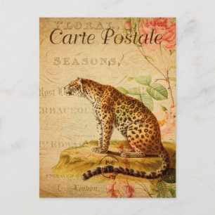 Carte Postale Vintage Leopard Jaguar Animaux sauvages Floral Fra