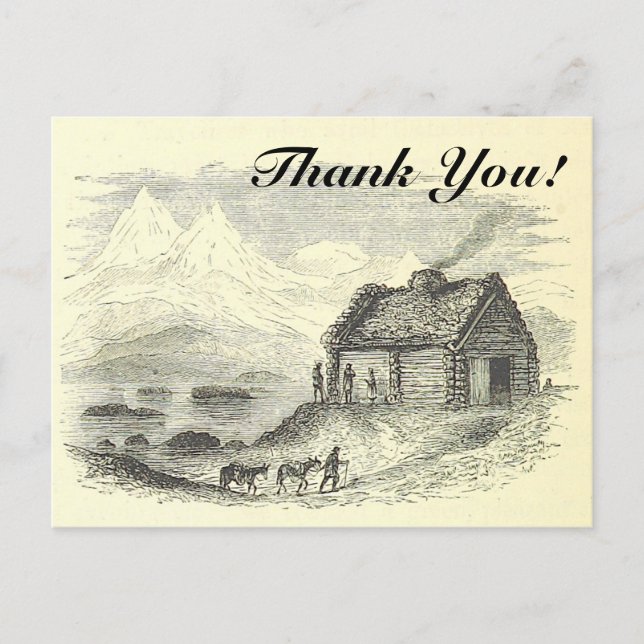 Carte Postale Vintage Look Cabine, Montagnes, Lac + "Merci" ! (Devant)