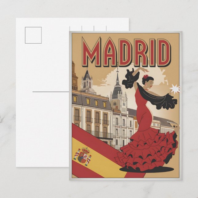 Carte Postale Vintage Madrid Espagne flaminco souvenirs, cadeaux (Devant / Derrière)