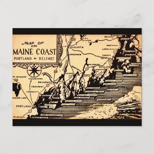 Carte postale vintage Maine Coast Map (Devant)