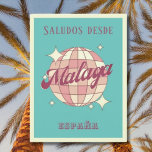 Carte postale Vintage Malaga Espagne España Retro<br><div class="desc">Malaga Espagne Retro Design Vintage avec une boule disco en rose,  et des teintes de pêche à l'abricot. Cette belle carte postale est une carte de voeux parfaite pour les habitants,  les visiteurs,  les touristes ou les fans de Malaga.</div>
